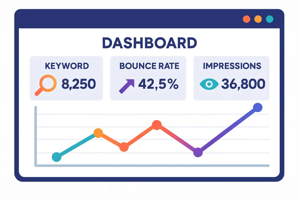 Track SEO success with metrics like bounce rate, impressions, and keyword rankings. Dashboard graphic showing SEO metrics like keywords, bounce rate, and impressions.