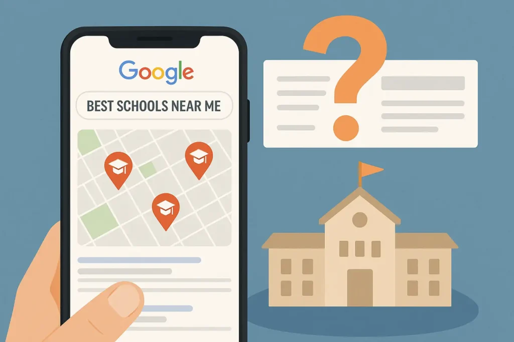 Illustration of Google search for “best schools near me” with missing school listings, highlighting SEO challenges for local schools.