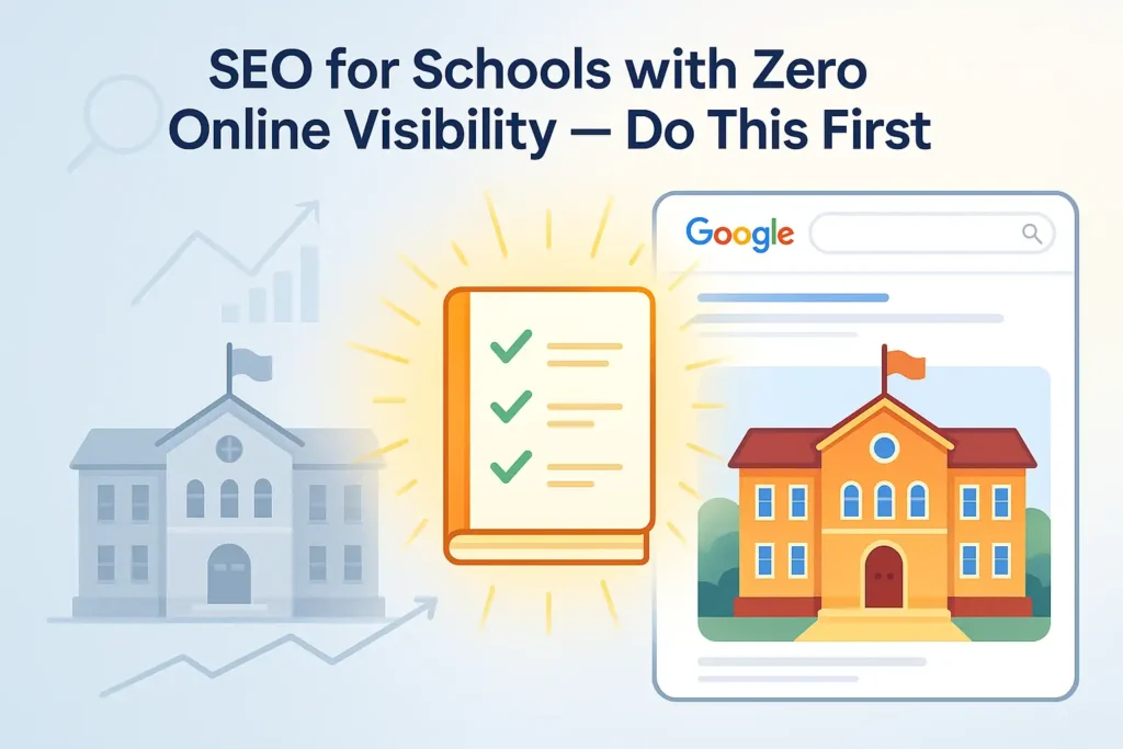 Illustration showing SEO for schools transforming a low-visibility school website into a high-ranking result with a checklist.