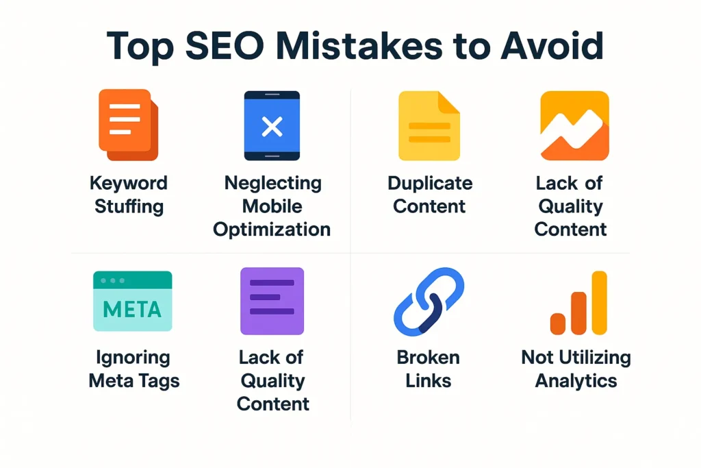 Common SEO mistakes schools make and how to avoid them. SEO mistakes illustration with icons for keyword stuffing, broken links, and more.