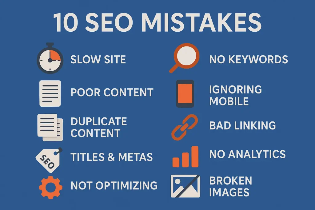 Top 10 SEO Mistakes Schools Make - Visual Checklist Infographic listing 10 common SEO mistakes schools make including slow site speed, poor content, no keywords, ignoring mobile, duplicate content, bad linking, broken images, and lack of optimization