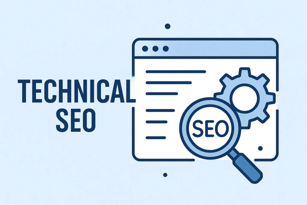 Technical SEO Tips to Optimize School Websites Technical SEO icon showing gears and performance settings for improving school website functionality.