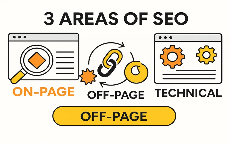 The Three Pillars of SEO for Educational Institutions Visual representation of the 3 SEO pillars: on-page, off-page, and technical SEO for school websites.
