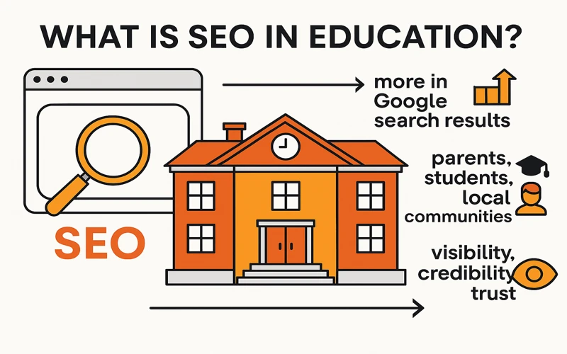 What is SEO in Education – Explained for Schools Graphic explaining SEO in education to improve school visibility, trust, and Google ranking.