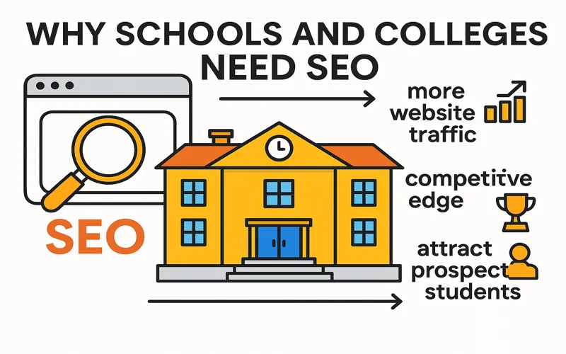 Why Schools and Colleges Need SEO diagram showing benefits seo for schools and colleges like more traffic, competitive edge, and student attraction.