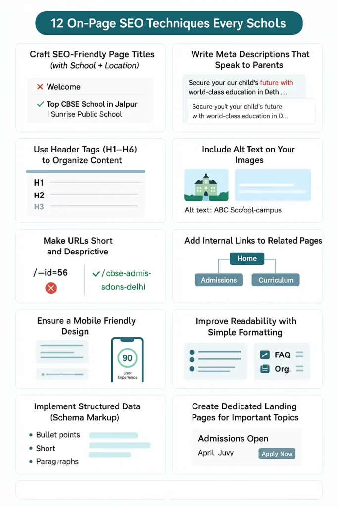 Infographic showing 12 onpage SEO tips for school websites including title tags, alt text, schema markup, internal links, and mobile design