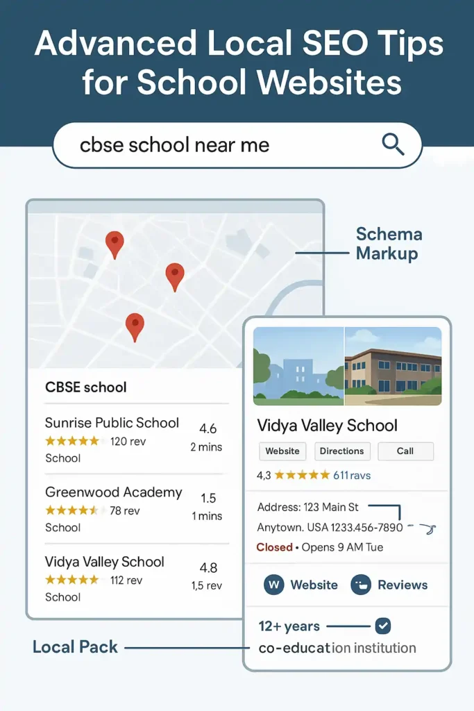 Local SEO infographic for school websites showing Google Maps local pack, GMB listing, reviews, and schema markup