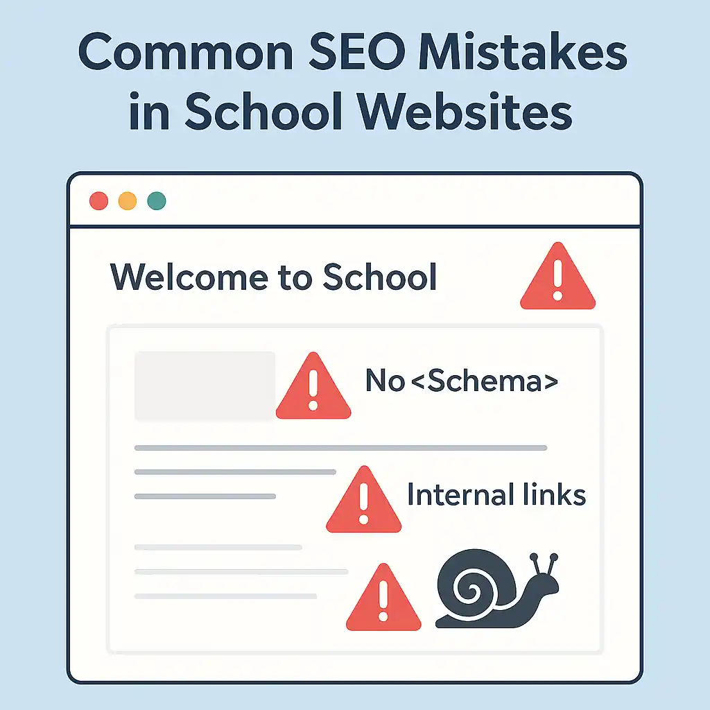 Common SEO mistakes in onpage SEO for school websites missing schema, poor titles, slow speed, and no internal links.