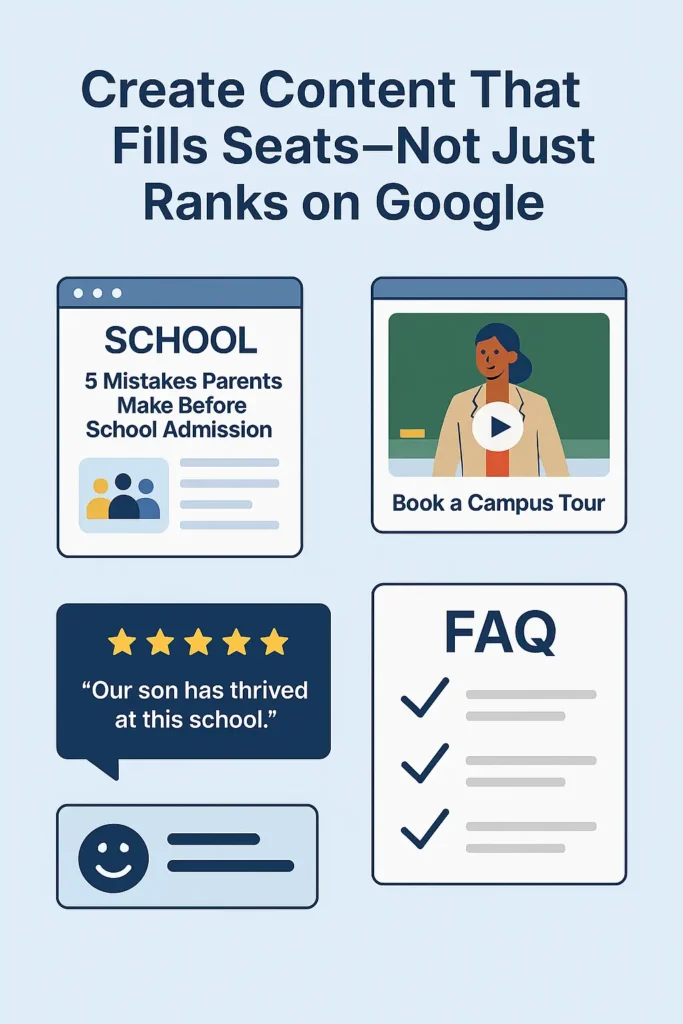 Infographic showing school content that converts admissions in 2025 — including blogs, campus videos, testimonials, and FAQ pages designed to drive inquiries.