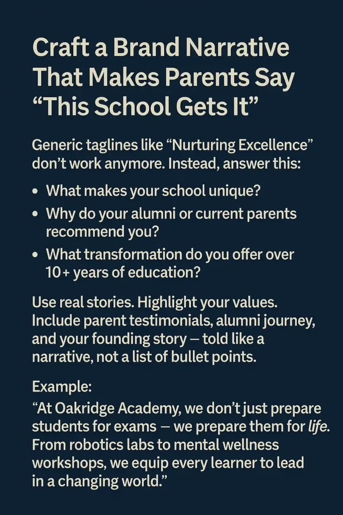 Infographic on crafting a brand narrative for private schools in 2025 — highlights testimonials, alumni stories, values, and unique positioning
