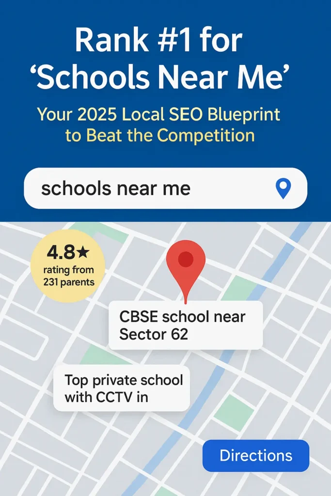 Map-based graphic showing local SEO strategy for ranking 'schools near me' with 2025 tactics like reviews, directions, and geo-specific search terms.