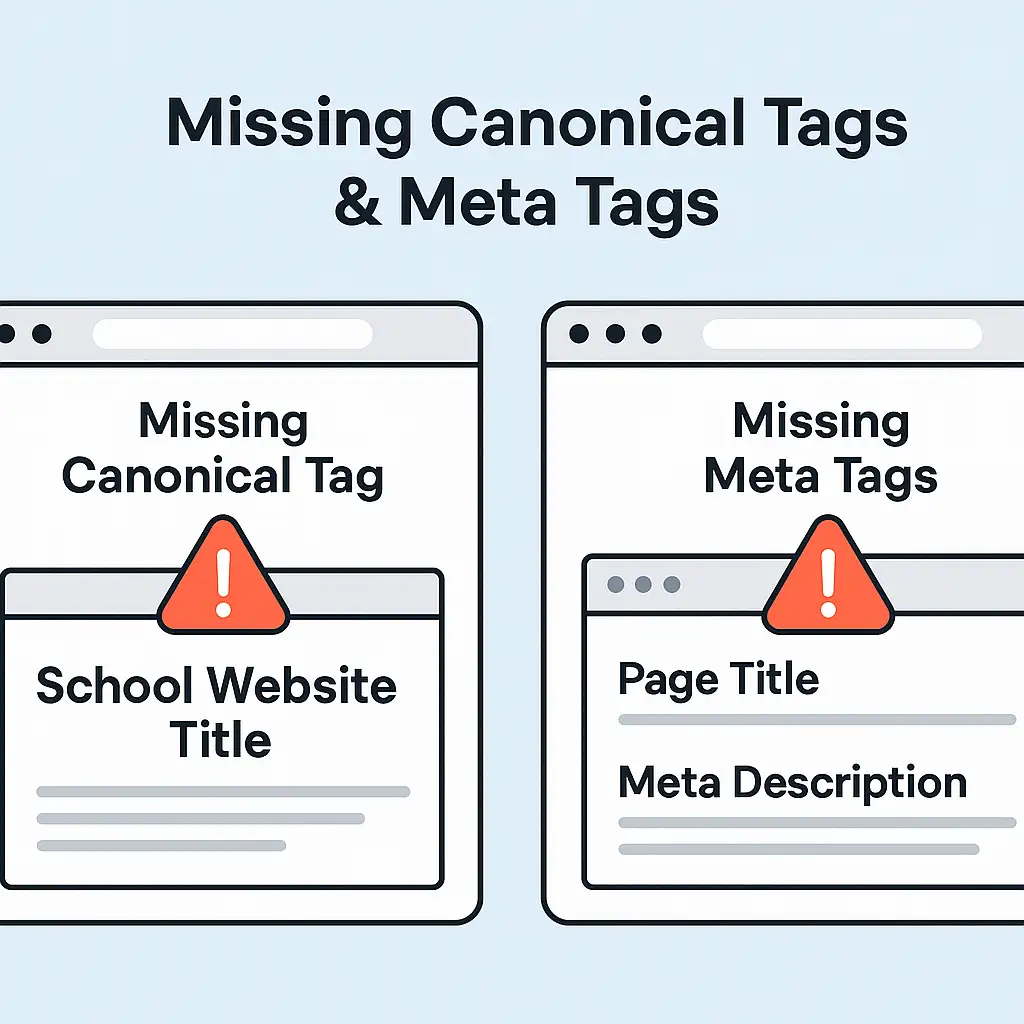 Two browser windows showing missing canonical and meta tags on school websites, highlighting critical SEO elements for search indexing.