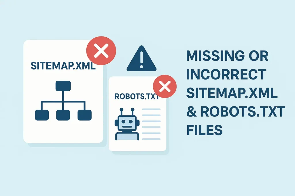 Warning signs for missing or incorrect sitemap.xml and robots.txt files on school websites, affecting crawlability and indexing.