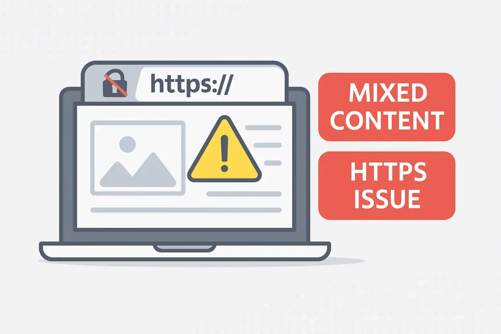 Laptop displaying HTTPS mixed content warning due to insecure elements on a school website, impacting trust and SEO.