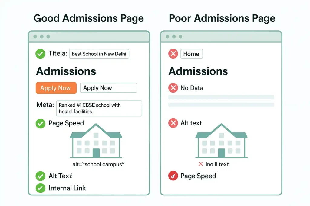 Side-by-side comparison of optimized and poor school admissions pages for onpage SEO, showing title tags, meta, CTA, and alt text