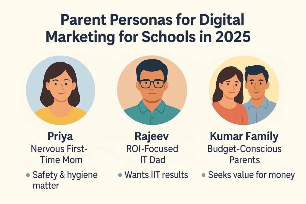 2025 parent personas for school digital marketing — safety-first mom, ROI-focused dad, and value-driven family for targeted admissions