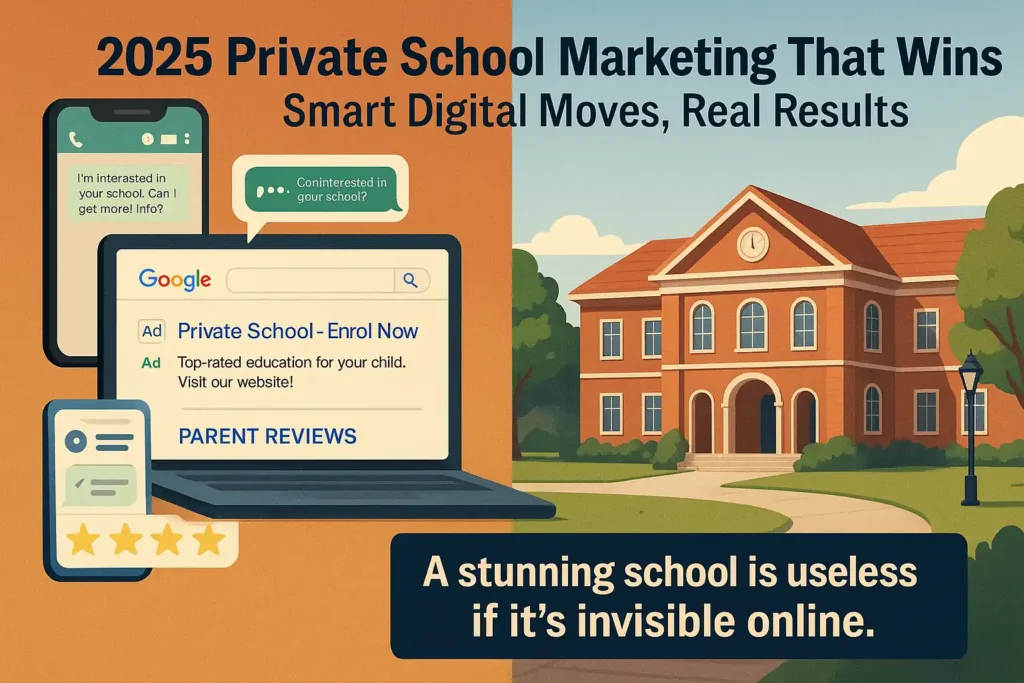 Private School Marketing Strategies 2025 visual showing digital tools vs offline branding — SEO, reviews, WhatsApp, and Google Ads