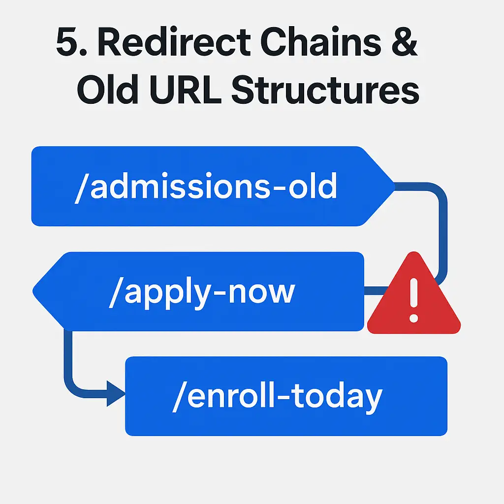 Multiple URL redirects on a school website forming a chain from outdated to current admission pages, leading to SEO issues.