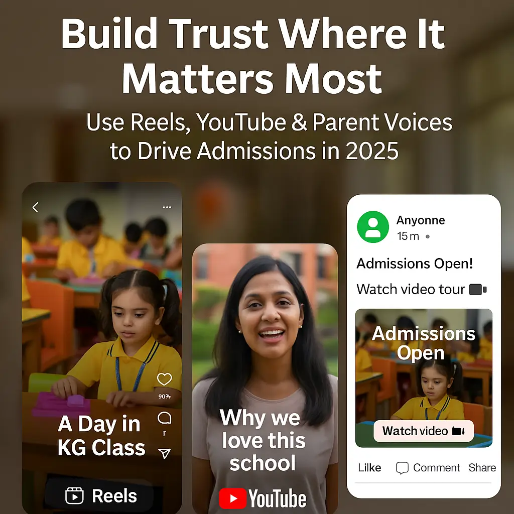 Infographic showing how schools can use Instagram Reels, YouTube testimonials, and parent-shared posts to build trust and boost 2025 admissions.