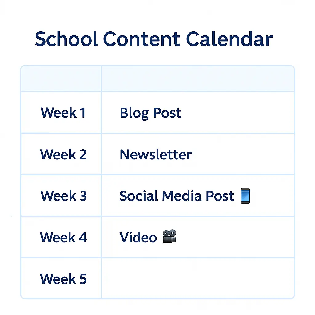 Visual sample of a weekly school content calendar including blog, newsletter, video, and social media