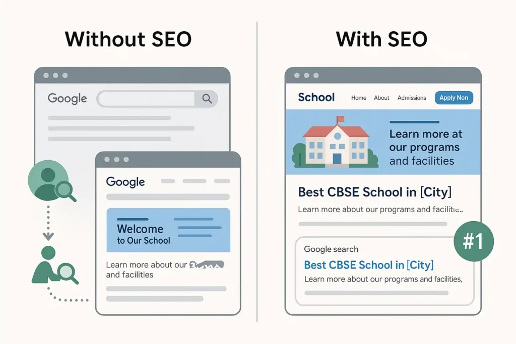 A comparison of school websites with and without on-page SEO for schools using real CBSE admission ranking examples.