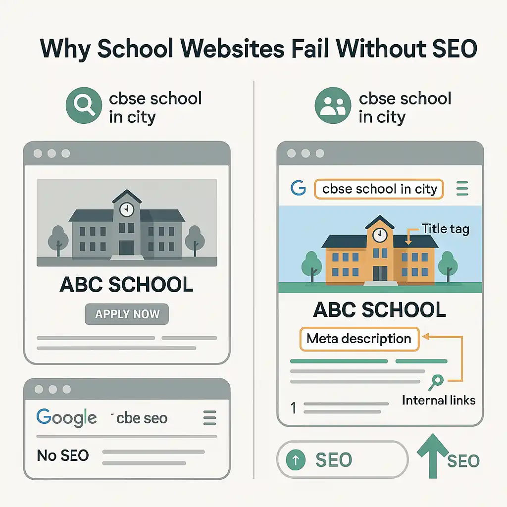 SEO checklist comparison for school websites showing difference in visibility with and without onpage SEO for school