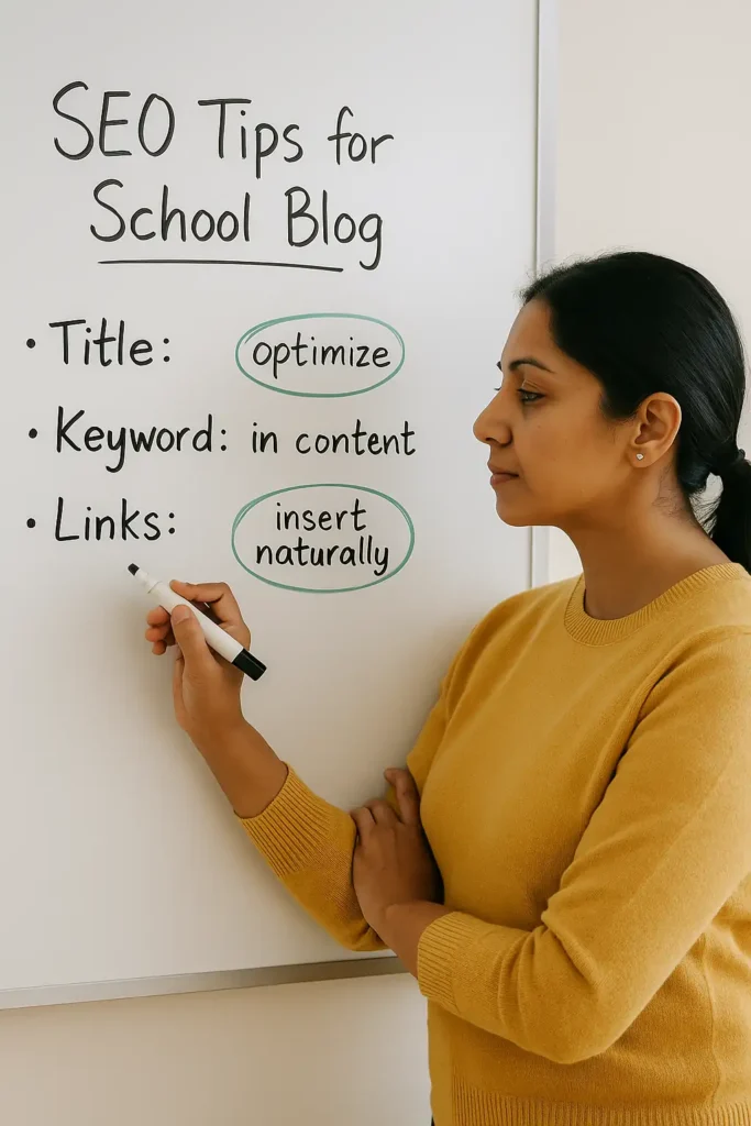 Teacher writing SEO blog tips on whiteboard for school content marketing