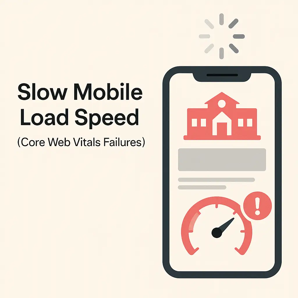 Smartphone showing slow-loading school website and Core Web Vitals warning, highlighting mobile performance issues.