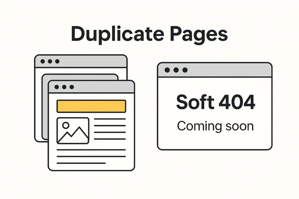 Duplicate school website pages and placeholder content causing soft 404 errors that impact search engine visibility.