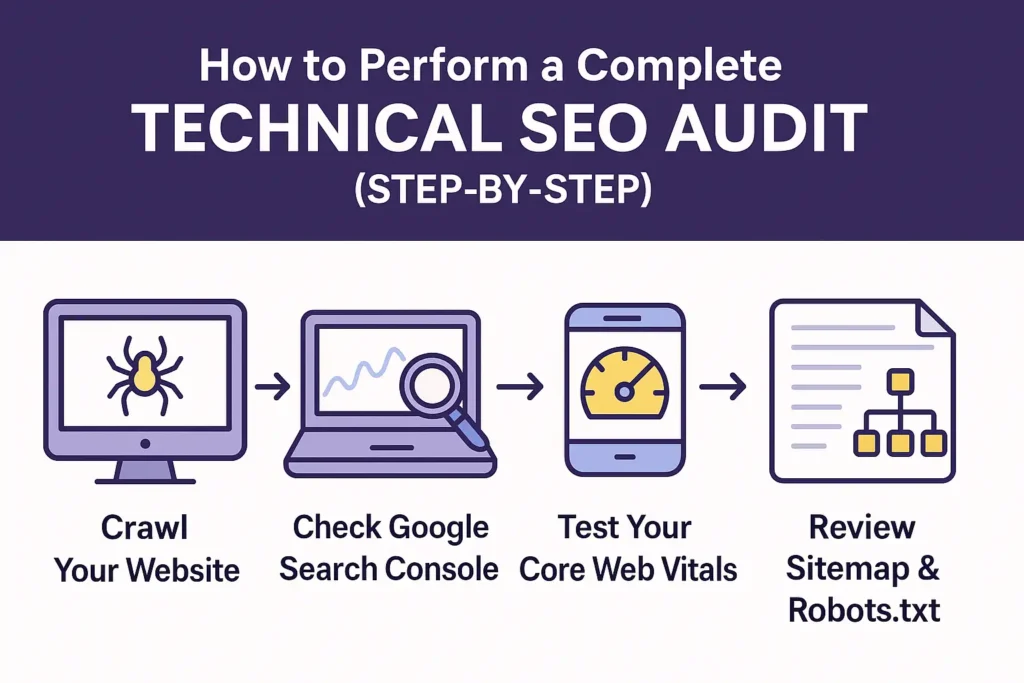Infographic showing the four-step process to perform a technical SEO audit — crawl your website, check Google Search Console, test Core Web Vitals, and review sitemap and robots.txt.