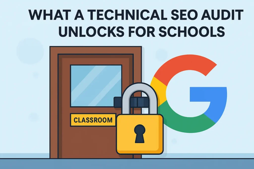 Locked classroom blocking Google's access symbolizing how missing technical SEO prevents school websites from being ranked.
