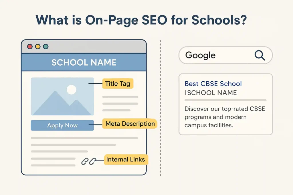 Labeled diagram showing homepage elements for onpage SEO for school includes title tag, meta description, and internal links.