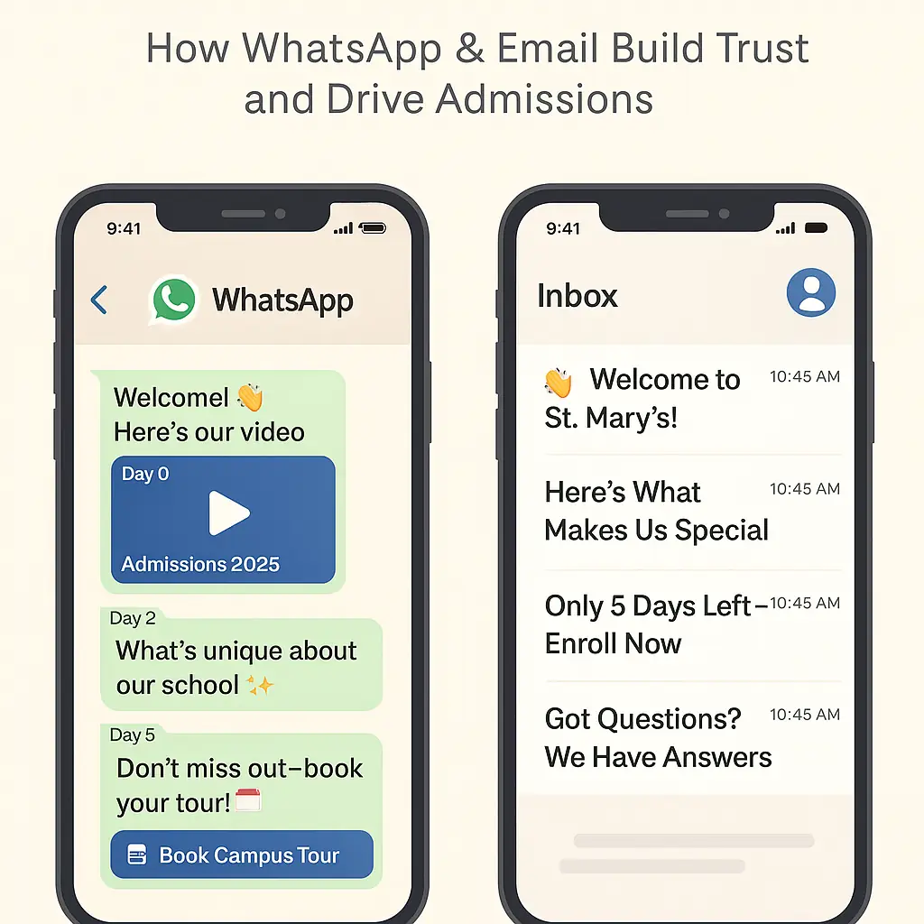 Infographic showing how WhatsApp drip messages and email follow-ups work together to convert school inquiries into 2025 admissions.