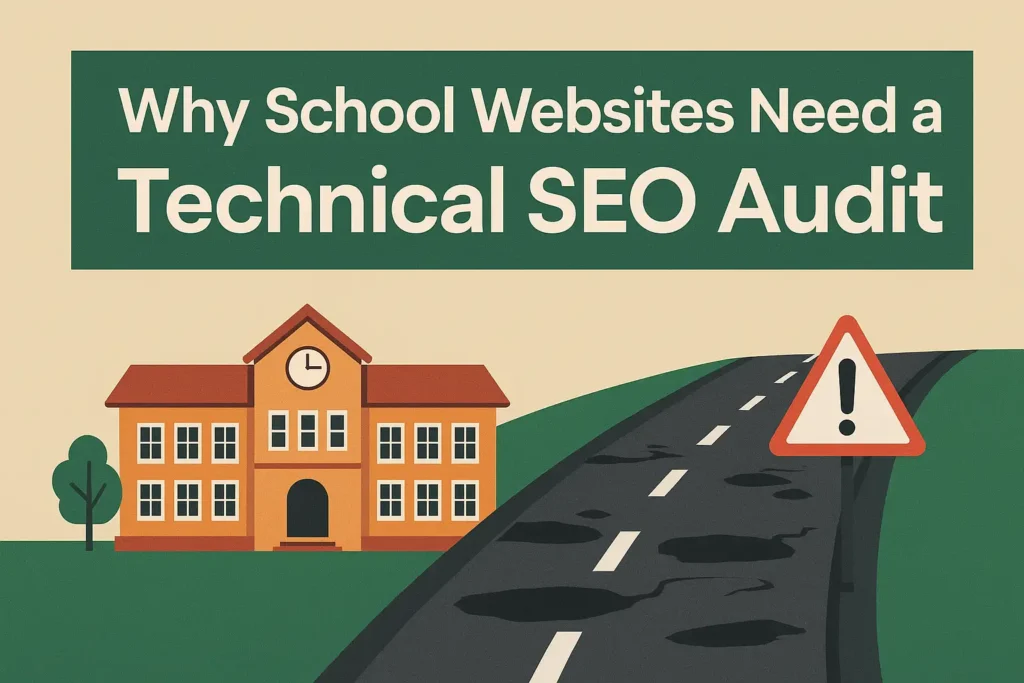 Well-designed school building with broken road leading to it, symbolizing poor technical SEO blocking website visibility.