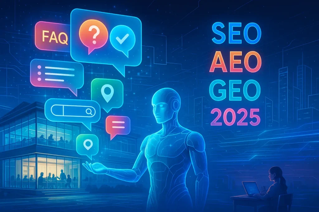 Digital illustration of AEO for schools in 2025, showing AI assistant with question bubbles, neon SEO, GEO keywords, futuristic school background.