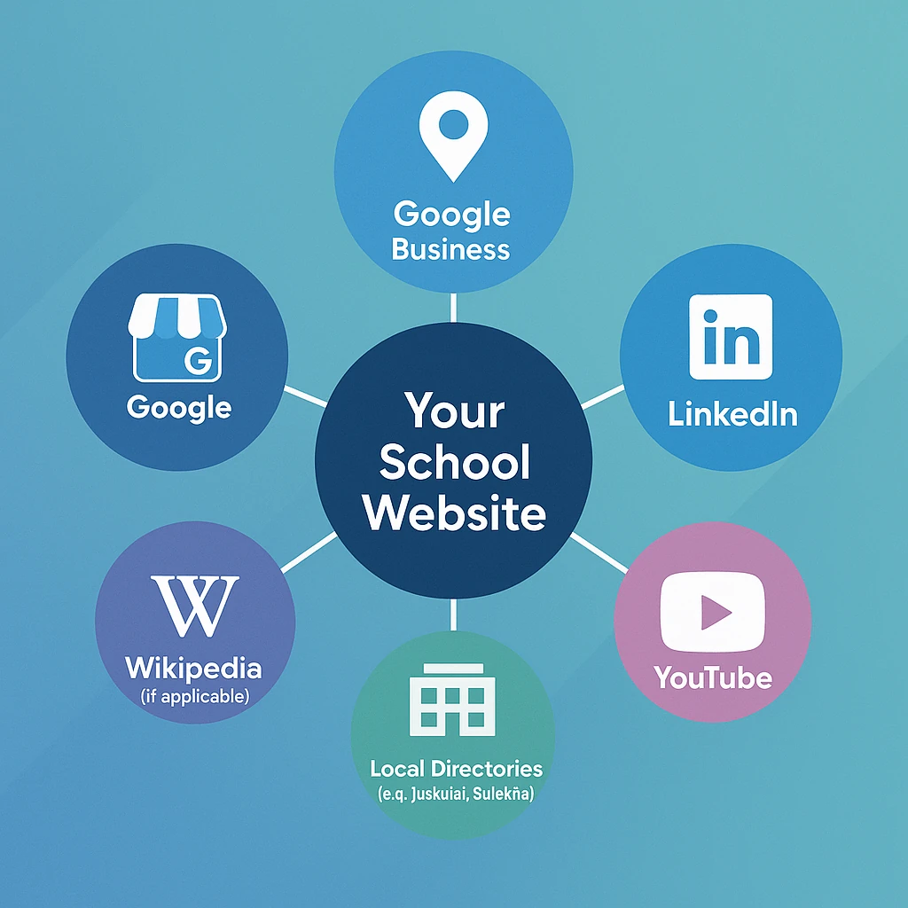 Infographic diagram showing entity optimization for a school website, with a central ‘Your School Website’ hub connected to Google Business, LinkedIn, YouTube, Local Directories like Justdial and Sulekha, and Wikipedia, on a blue gradient background.