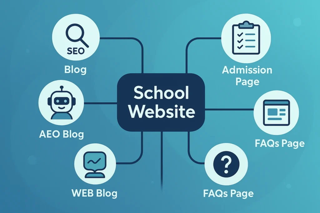 Infographic mind map showing internal linking structure for a school website, with a central ‘School Website’ node connecting to SEO Blog, AEO Blog, Web Design Blog, Admission Page, and FAQs Page, on a gradient blue background.